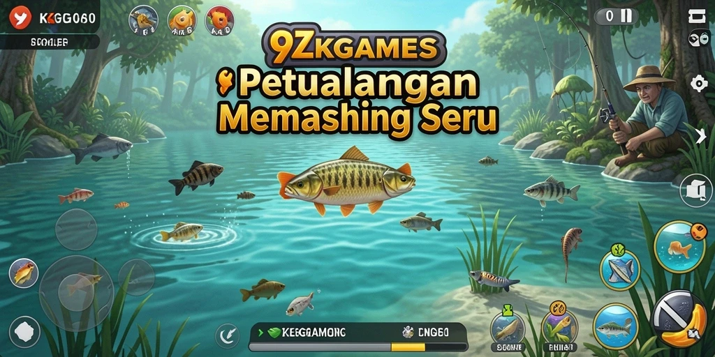 Tampilan utama <strong>9ZKGAMES</strong> yang menunjukkan pemain sedang memancing di danau yang indah.