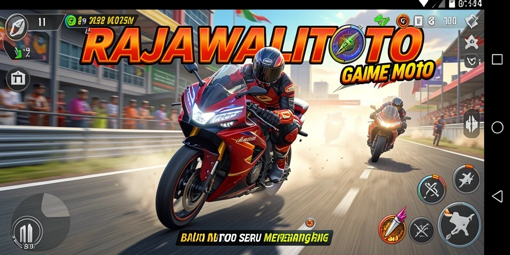 Gameplay seru RAJAWALITOTO dengan aksi balap motor yang mengesankan.