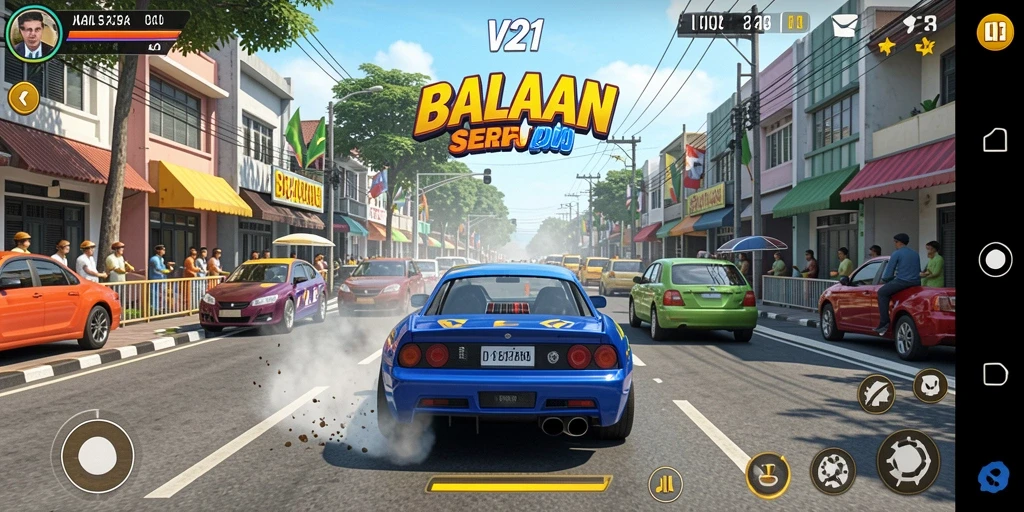 Tangkapan layar utama V21 menampilkan aksi balapan yang mendebarkan.